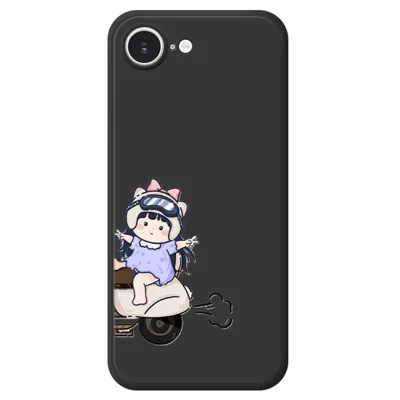 For iPhone 16e Hoesje Helmmeisje Patroon Afdruk Rechte Rand TPU Telefoon Achterkant - Zwart