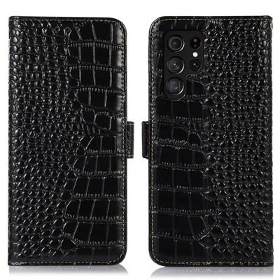 Für Samsung Galaxy S23 Ultra echtes Rindsleder-Wallet-Case mit Krokodilstruktur, RFID-Blocking, Ständer und magnetischer Klapphülle - Schwarz