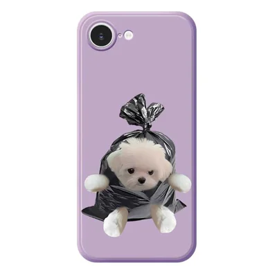For iPhone 16e Hoesje met Afvalzak Hond Patroon Printing Rechte Rand TPU Telefoon Achterkant - Paars