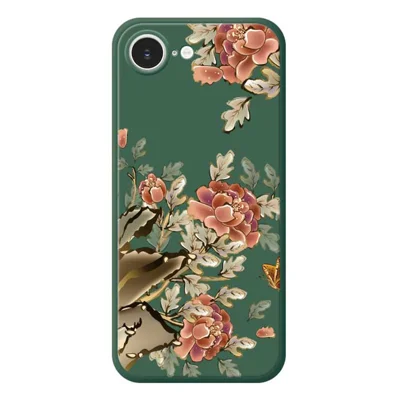 For iPhone 16e Hoesje met Rode Bloemenpatroon Rechte Rand TPU Telefoonhoes - Groen