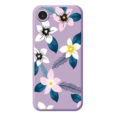 Voor iPhone 16e Hoesje Roze Witte Bloemen Blauwe Bladeren Patroon Bedrukking Rechte Rand TPU Telefoon Achterkant - Paars