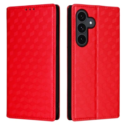 Samsung Galaxy S25 FE hoesje portemonnee Ruitstructuur Leer telefoonhoesje - Rood