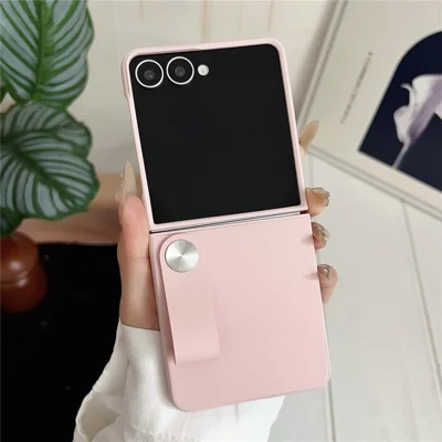 For Samsung Galaxy Z Flip7 5G Case PU Leather + PC Phone Cover with Grip Strap - Pink