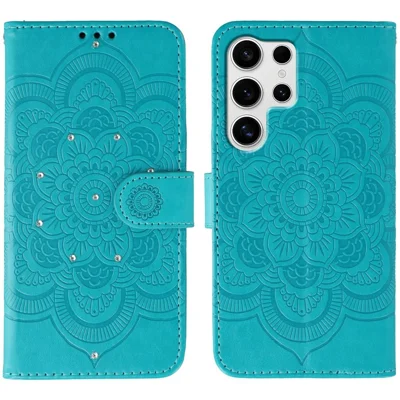 Voor Samsung Galaxy S24 Ultra Hoesje met Strassversiering PU Leren Mandala Afdrukdesign Telefoonhoesje met Polsbandje - Blauw