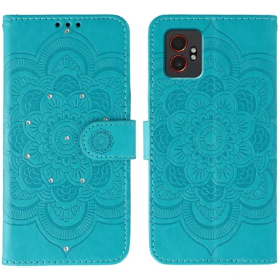 For Samsung Galaxy XCover7 Pro Case Rhinestone Decor PU Leather Mandala Imprinted Design Phone Cover with Wrist Strap - Blue