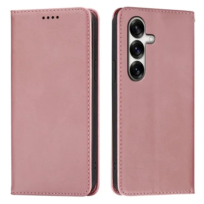 Samsung Galaxy S25 FE hoesje portemonnee Kalfsstructuur Leren telefoonhoesje met verborgen magnetische sluiting - Roze goud