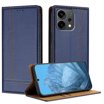 For Oppo Reno14 F 5G Case L-Shaped Grid Pattern Leather Stand Phone Cover with Card Slots - Blue