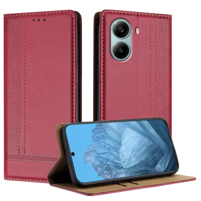 For Xiaomi Redmi Turbo 4 Pro 5G Case L-Shaped Grid Pattern Leather Stand Phone Cover with Card Slots - Red