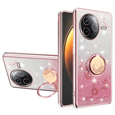 KADEM For Xiaomi Civi 5 Pro 5G Case Ring Kickstand TPU Flowers Phone Cover Gradient Glitter - Rose Gold