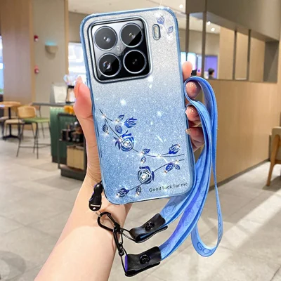 KADEM Obudowa na Xiaomi 15S Pro z Motywem Kwiatów, Przezroczysta Obudowa z Gradientem z Materiału TPU z Rondelkami – Niebieska