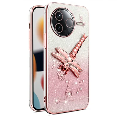 KADEM For Xiaomi Civi 5 Pro 5G Case Dragonfly Kickstand TPU Flowers Glitter Phone Cover - Pink