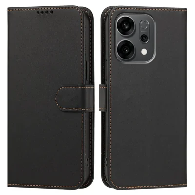 For Oppo Reno14 5G (China) / Oppo Reno14 5G (Global) Leather Case Wallet Stand Solid Color Anti Drop Phone Cover - Black