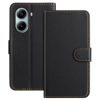 For Xiaomi Redmi Turbo 4 Pro 5G Leather Case Wallet Stand Solid Color Anti Drop Phone Cover - Black