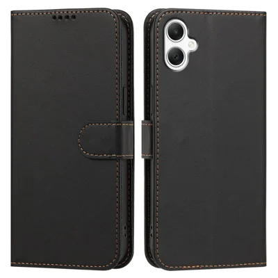 For Samsung Galaxy A08 5G / A08 4G / A07 4G / A06 4G / A06 5G Leather Case Wallet Stand Solid Color Anti Drop Phone Cover - Black