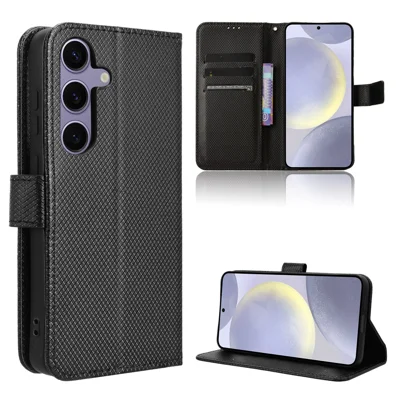 جراب جلد لسamsung Galaxy S25 FE مع حزام وتصميم ماسي - أسود