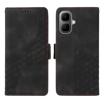 For TECNO Pop 10 / Infinix Smart 10 Leather Cases Wallet Rhombus Imprinted Phone Cover Stand with Strap - Black