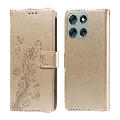 For Motorola Moto G56 5G Leather Case Butterfly Floral Imprint Wallet Stand Cover - Golden