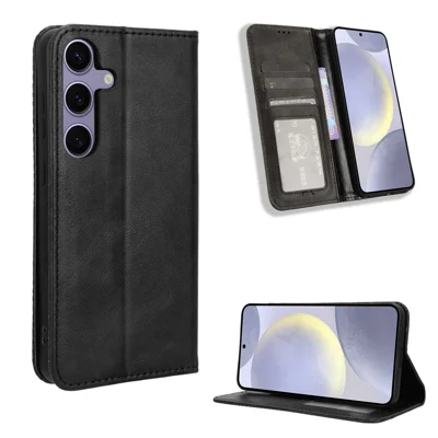 Voor Samsung Galaxy S25 FE Leren Hoesje Portemonnee Stand Retro Structuur Telefoonhoes - Zwart