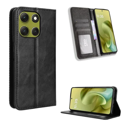For Motorola Moto G86 5G Leather Case Wallet Stand Retro Texture Phone Cover - Black