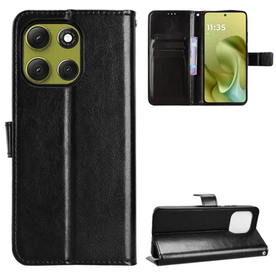 For Motorola Moto G86 Power 5G PU Leather Case with Strap Crazy Horse Texture Phone Wallet Cover - Black
