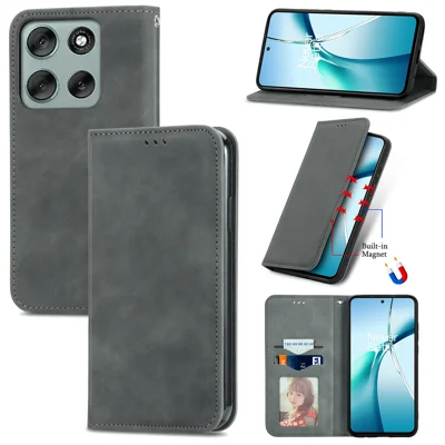 For Motorola Moto G56 5G Leather Case with Card Holder Magnetic Absorption Phone Cover - Grey