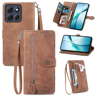 For Motorola Moto G86 5G Zipper Wallet Case with Strap Flower Imprint PU Leather Phone Cover - Brown