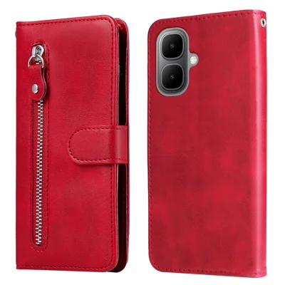 For TECNO Pop 10 / Infinix Smart 10 PU Leather Cases with Zipper Pocket Wallet Phone Cover Stand - Red