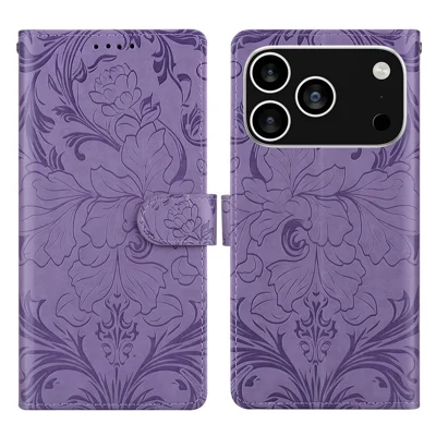 For iPhone 18 Pro Max / 17 Pro Max Leather Case Imprinted Floral Pattern Wallet Stand Flip Phone Cover - Purple