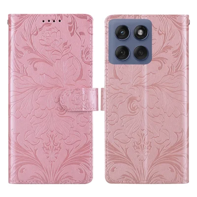 For Motorola Edge 60 Pro 5G Leather Case Imprinted Floral Pattern Wallet Stand Flip Phone Cover - Pink