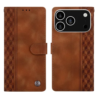 For iPhone 18 Pro / 17 Pro Leather Case Imprinted Checkered Pattern Wallet Stand Flip Phone Cover - Brown