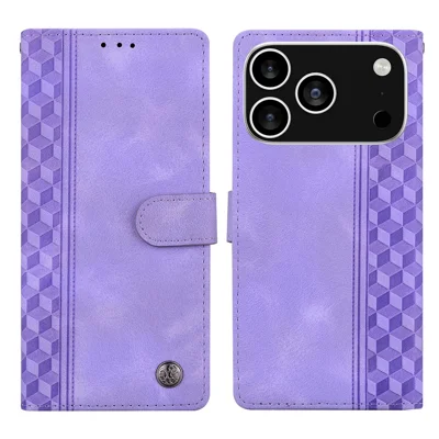 For iPhone 18 Pro Max / 17 Pro Max Leather Case Imprinted Checkered Pattern Wallet Stand Flip Phone Cover - Purple