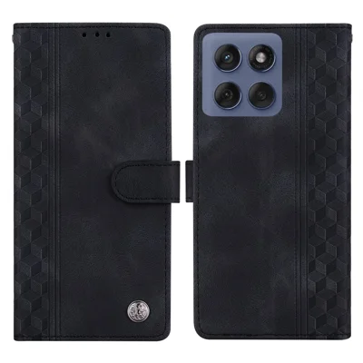 For Motorola Edge 60 Pro 5G Leather Case Imprinted Checkered Pattern Wallet Stand Flip Phone Cover - Black