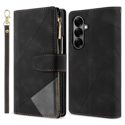 For Samsung Galaxy Z Fold7 5G PU + PC Case Color Splicing Leather Phone Cover with Strap - Black