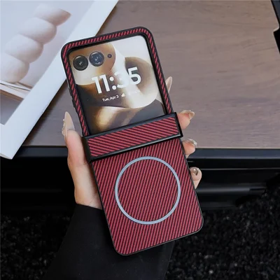 Magnetic Case for Motorola Razr 70 Ultra / 60 Ultra 5G / Razr Ultra 2026 5G / 2025 5G Carbon Fiber Texture Folding Phone Case - Red