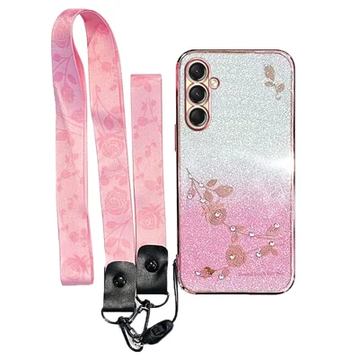 KADEM For Samsung Galaxy A18 5G / A18 4G / A17 5G / A17 4G Case Flower Pattern TPU Gradient Phone Cover with Lanyards - Rose Gold