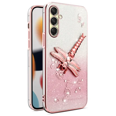 KADEM For Samsung Galaxy A18 5G / A18 4G / A17 5G / A17 4G Case Dragonfly Kickstand TPU Flowers Glitter Phone Cover - Pink