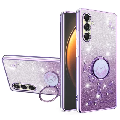 KADEM For Samsung Galaxy A18 5G / A18 4G / A17 5G / A17 4G Case Ring Kickstand TPU Flowers Phone Cover Gradient Glitter - Purple