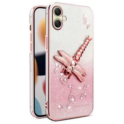 KADEM For Samsung Galaxy A06 4G Case Dragonfly Kickstand TPU Flowers Glitter Phone Cover - Pink