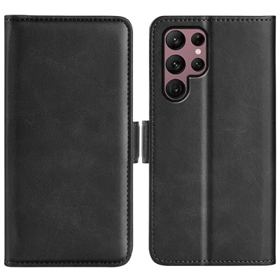 For Samsung Galaxy S23 Ultra Calf Texture PU Leather Dual Magnetic Clasp Phone Case Anti-scratch Stand Wallet Cover - Black