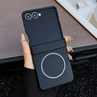 For Samsung Galaxy Z Flip7 5G Cover Magnetic Case Carbon Fiber Texture Folding Phone Case - Blue