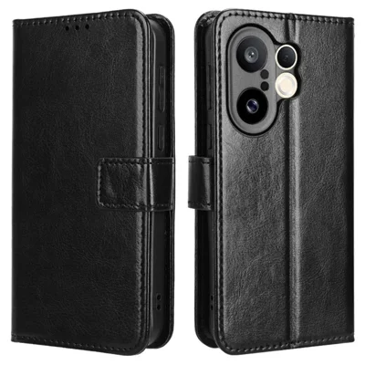For vivo X200 FE 5G / S30 Pro mini 5G PU Leather Case with Strap Crazy Horse Texture Phone Wallet Cover - Black