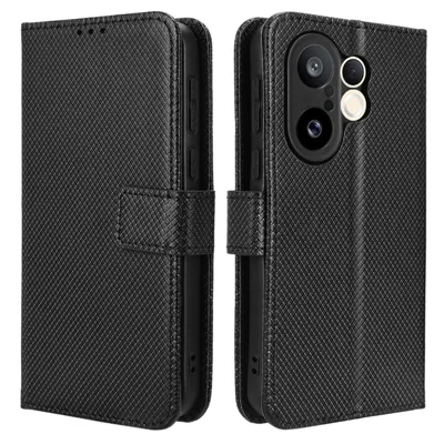 For vivo X200 FE 5G / S30 Pro mini 5G Leather Wallet Case with Strap Diamond Texture Phone Cover - Black