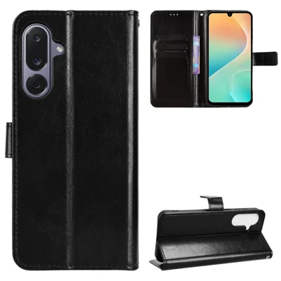 For Samsung Galaxy M36 5G PU Leather Case with Strap Crazy Horse Texture Phone Wallet Cover - Black