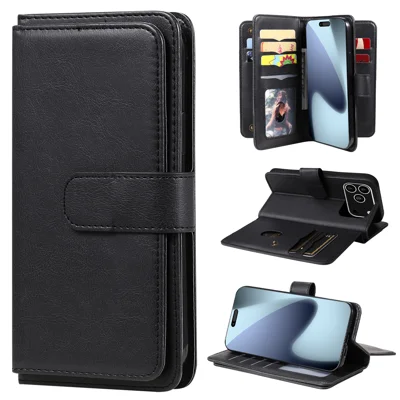 For iPhone 18 Pro Max / 17 Pro Max Leather Case with 10 Card Holder Phone Cover Stand - Black
