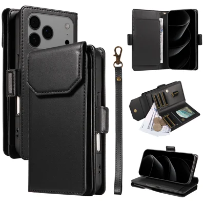 For iPhone 18 Pro Max / 17 Pro Max Case with Multi-Card Holder and Strap PU Leather Phone Cover Stand - Black