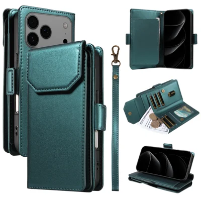 For iPhone 18 Pro Max / 17 Pro Max Case with Multi-Card Holder and Strap PU Leather Phone Cover Stand - Green