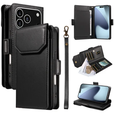 For iPhone 18 Pro / 17 Pro Case with Multi-Card Holder and Strap PU Leather Phone Cover Stand - Black