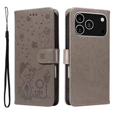 For iPhone 18 Pro / 17 Pro Leather Wallet Case Cat Bee Pattern Phone Cover Stand - Grey