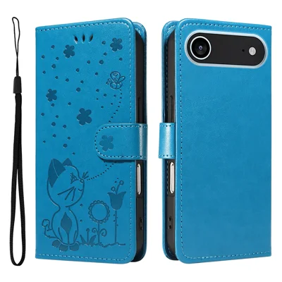 For iPhone Air Leather Wallet Case Cat Bee Pattern Phone Cover Stand - Blue