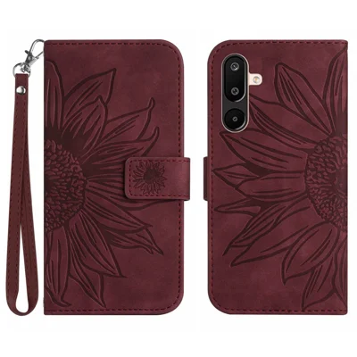 For Samsung Galaxy M36 5G Case Sunflower Imprint Leather Wallet Phone Cover with Wrist Strap - Wine Red
